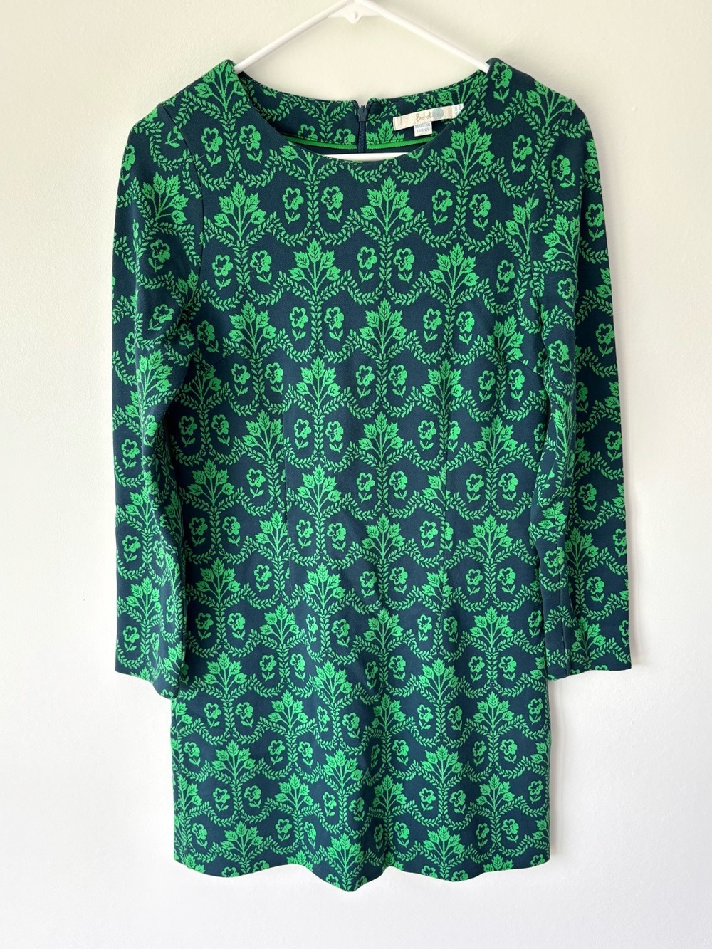Boden Green Navy Blue Long Sleeve Sweater Dress Jacquard Pattern Floral